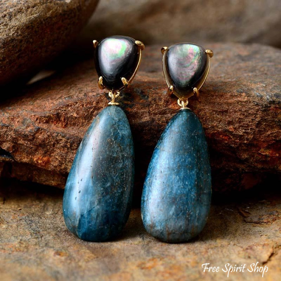 Natural Blue Apatite & Shell Drop Earrings - Free Spirit Shop