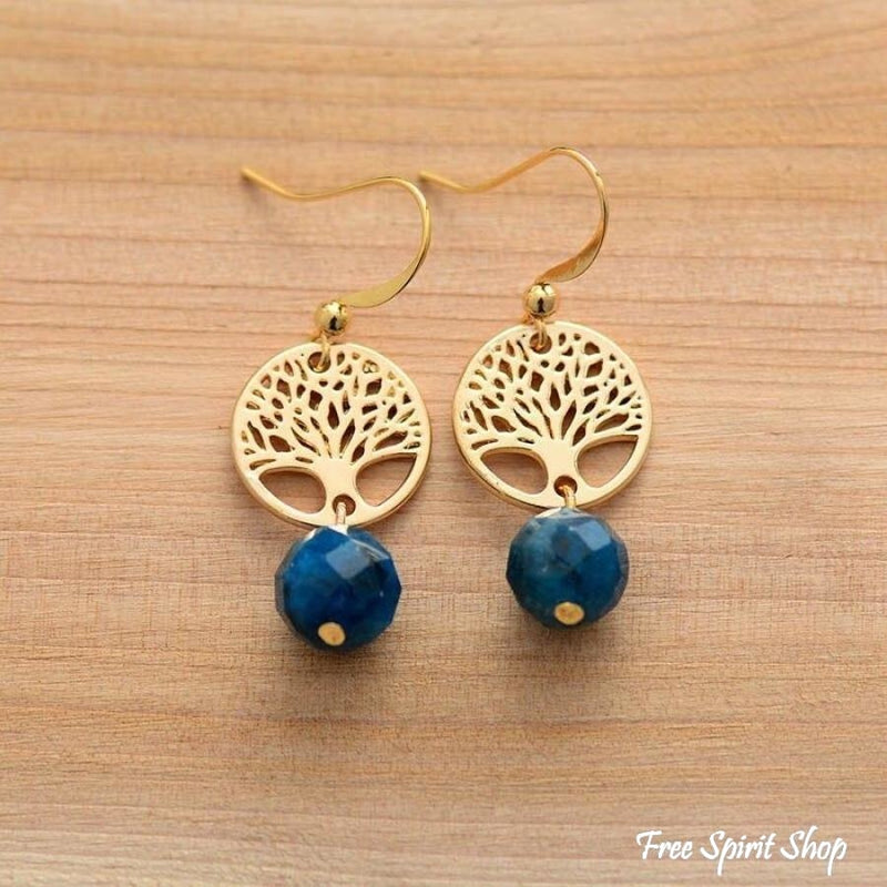 Natural Blue Apatite & Tree Of Life Earrings