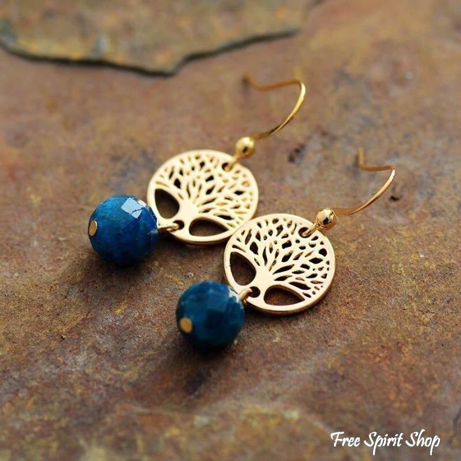 Natural Blue Apatite & Tree Of Life Earrings - Free Spirit Shop