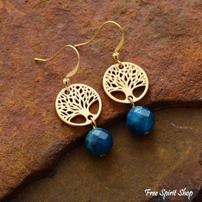 Natural Blue Apatite & Tree Of Life Earrings - Free Spirit Shop