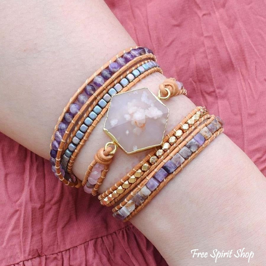 Natural Cherry Blossom Agate & Amethyst Wrap Bracelet - Free Spirit Shop