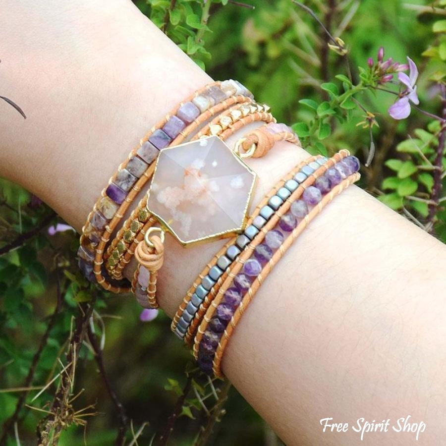 Natural Cherry Blossom Agate & Amethyst Wrap Bracelet Jewelry > Gemstone Bead