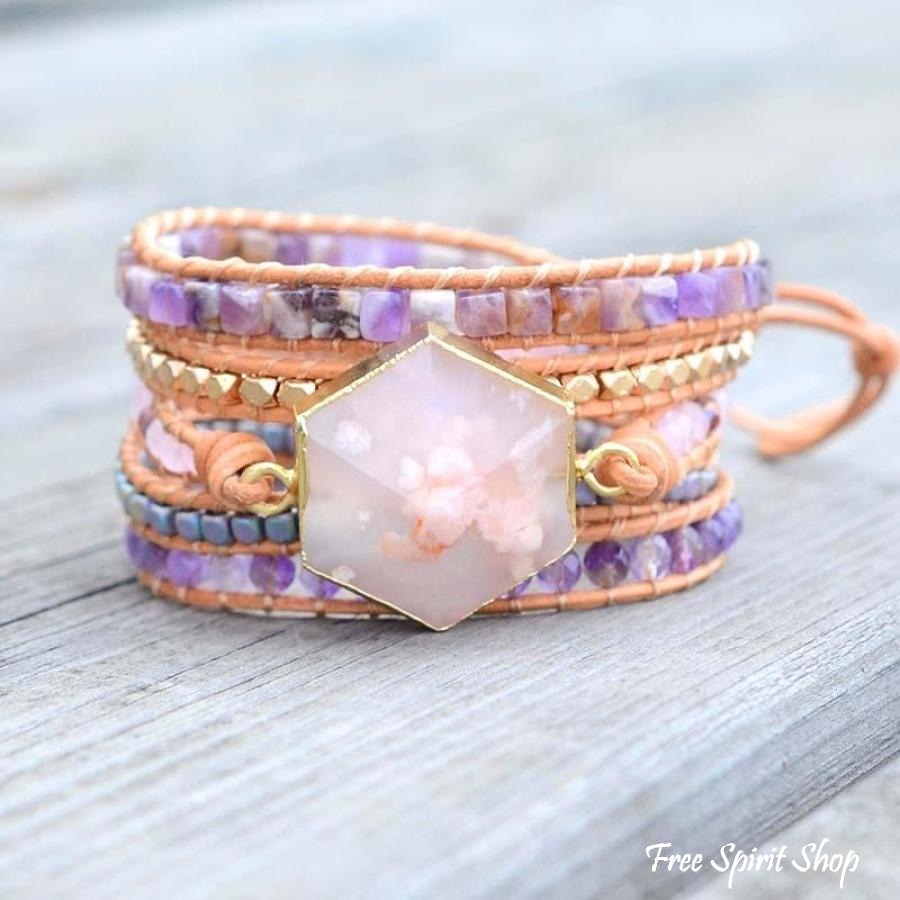 Natural Cherry Blossom Agate & Amethyst Wrap Bracelet - Free Spirit Shop