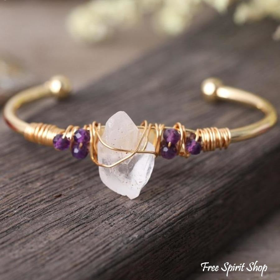 Natural Clear Quartz & Amethyst Cuff Bracelet - Free Spirit Shop