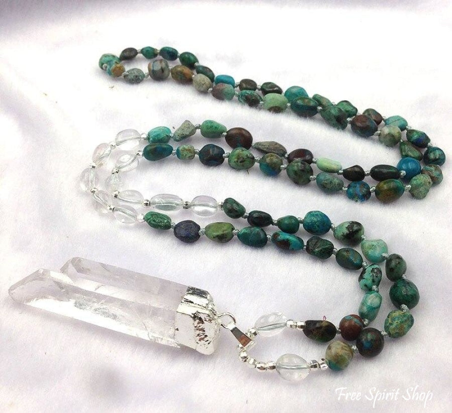 Natural Clear Quartz Crystal & African Turquoise Gemstone Bead Necklace - Free Spirit Shop