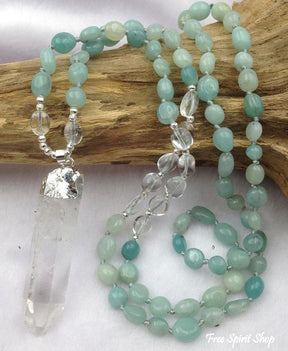 Natural Clear Quartz Crystal & Amazonite Gemstone Bead Necklace - Free Spirit Shop
