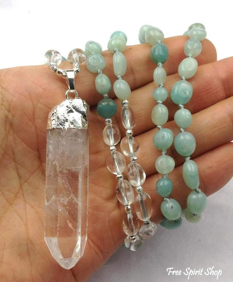 Natural Clear Quartz Crystal & Amazonite Gemstone Bead Necklace - Free Spirit Shop