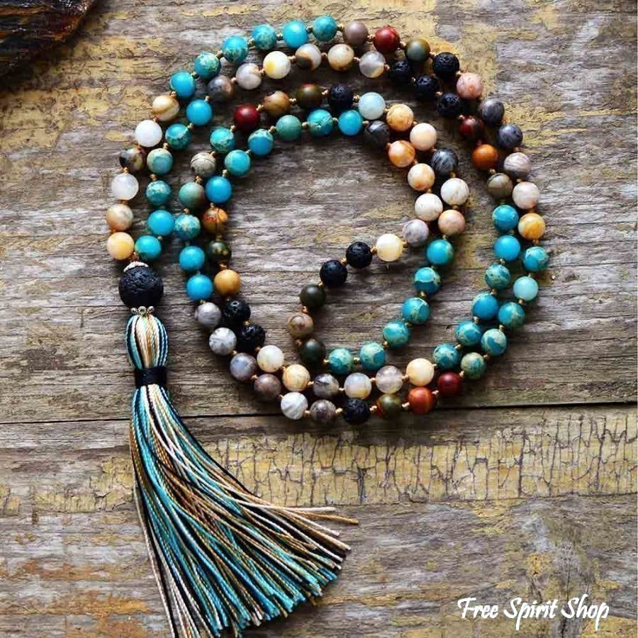 Natural Earth & Sea Mix Gemstone Mala Bead Necklace - Free Spirit Shop