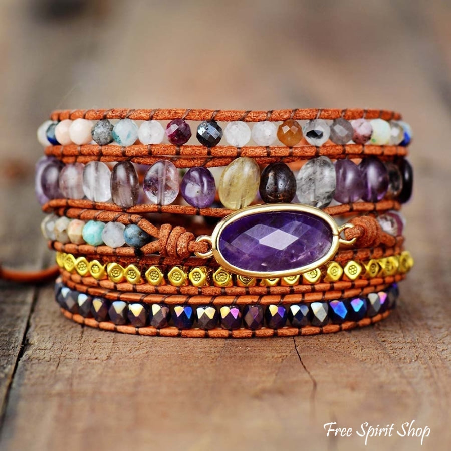 Natural Fluorite & Amethyst Crystal Wrap Bracelet - Free Spirit Shop