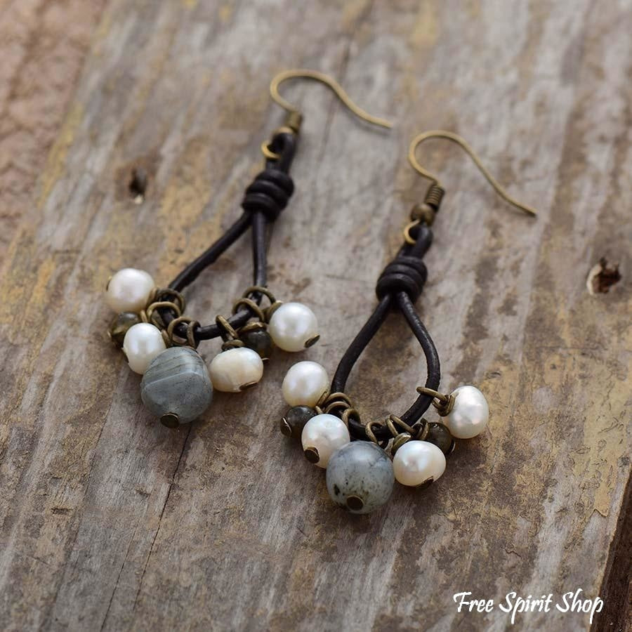 Natural Freshwater Pearls & Labradorite Leather Earrings - Free Spirit Shop