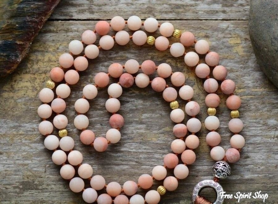 Natural Frosted Pink Aventurine Mala Bead Necklace - Free Spirit Shop