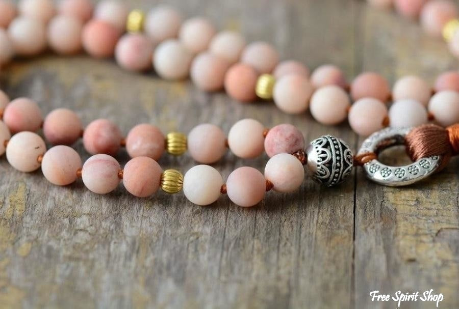 Natural Frosted Pink Aventurine Mala Bead Necklace - Free Spirit Shop