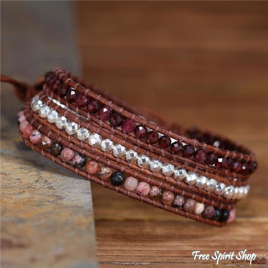 Natural Garnet & Rhodonite Beaded Wrap Bracelet - Free Spirit Shop