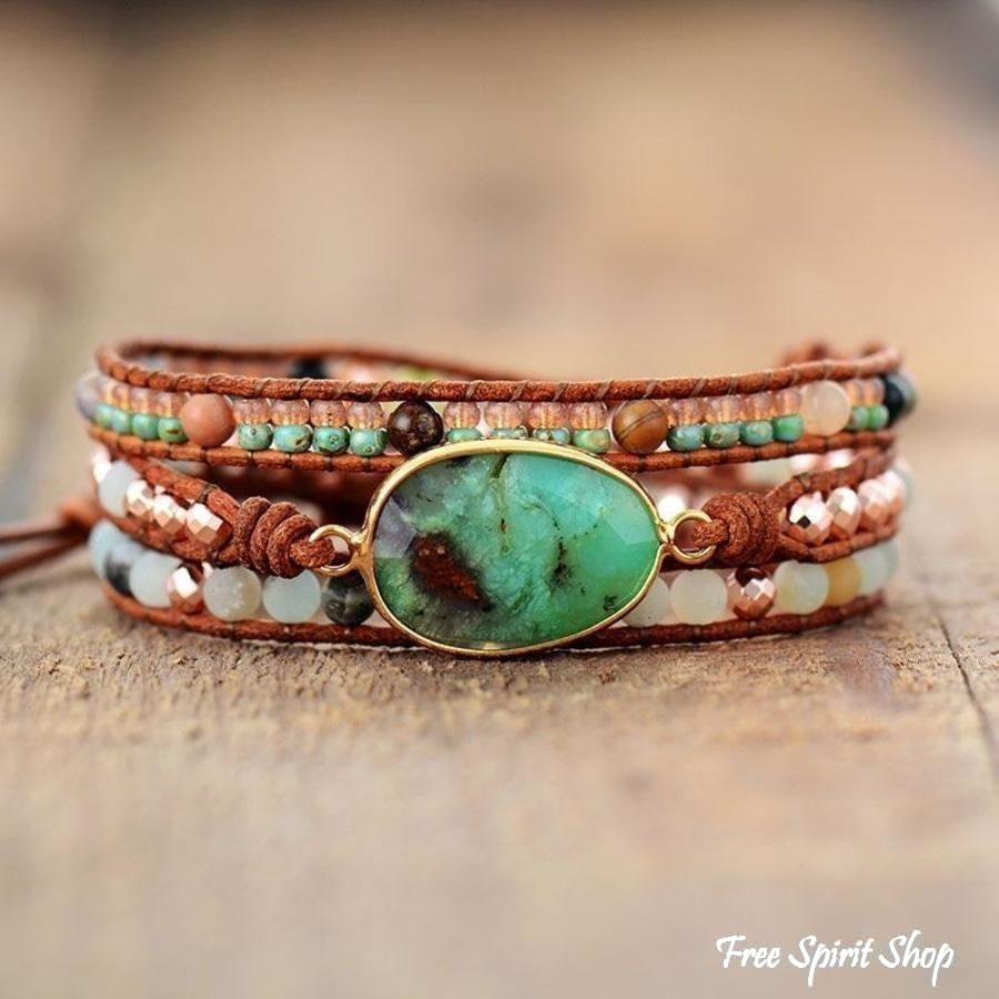 Natural Green Jade & Amazonite Wrap Bracelet - Free Spirit Shop