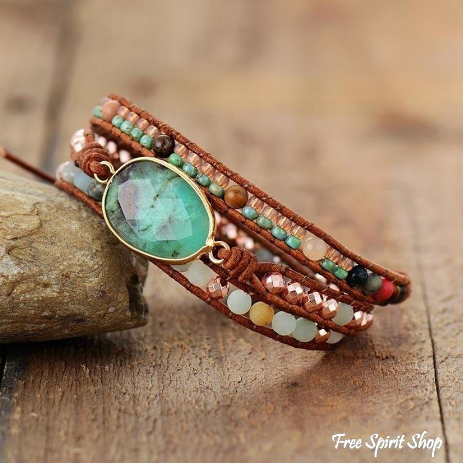 Natural Green Jade & Amazonite Wrap Bracelet - Free Spirit Shop