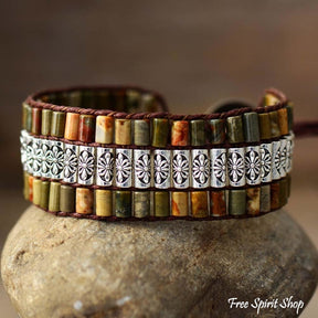Natural Green Jasper & Tibetan Bead Wrap Bracelet - Free Spirit Shop
