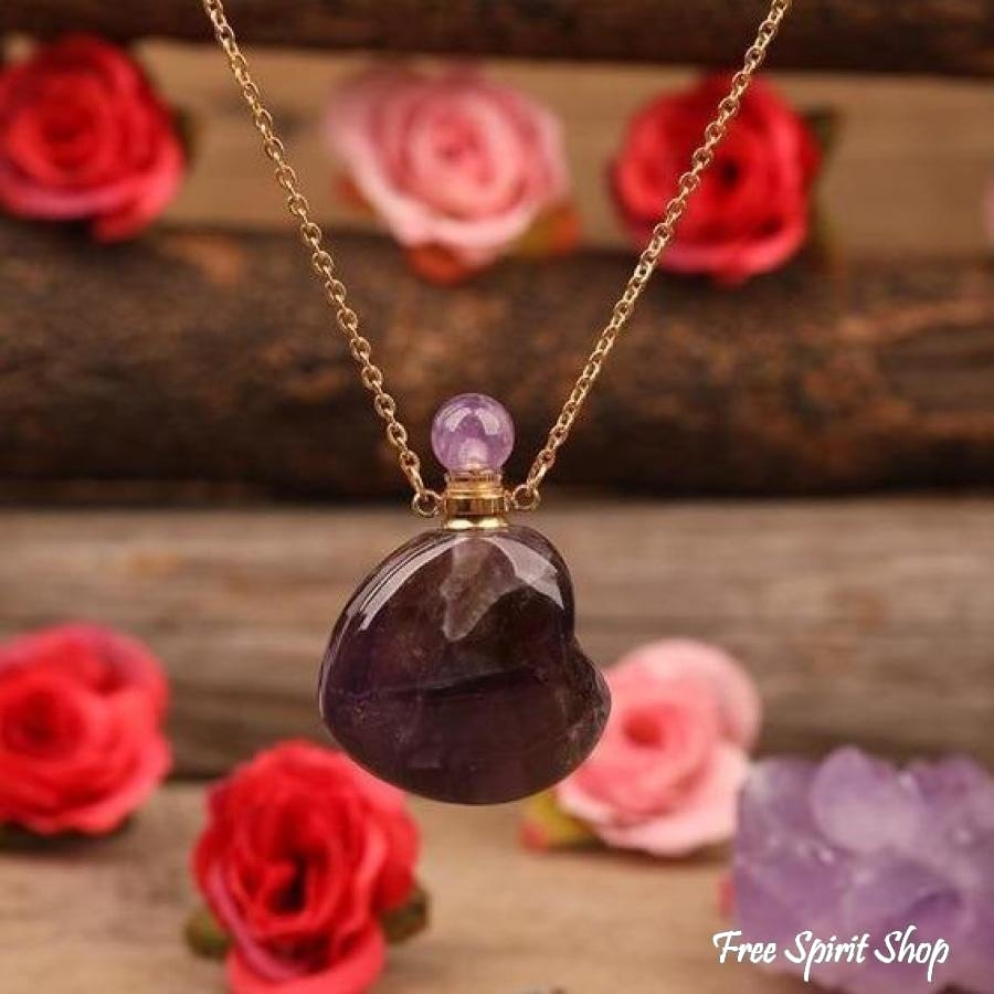 Natural Heart-Shaped Crystal Perfume Bottle Pendant Necklace - Free Spirit Shop