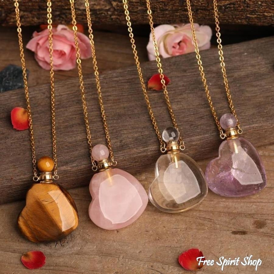 Natural Heart-Shaped Crystal Perfume Bottle Pendant Necklace - Free Spirit Shop