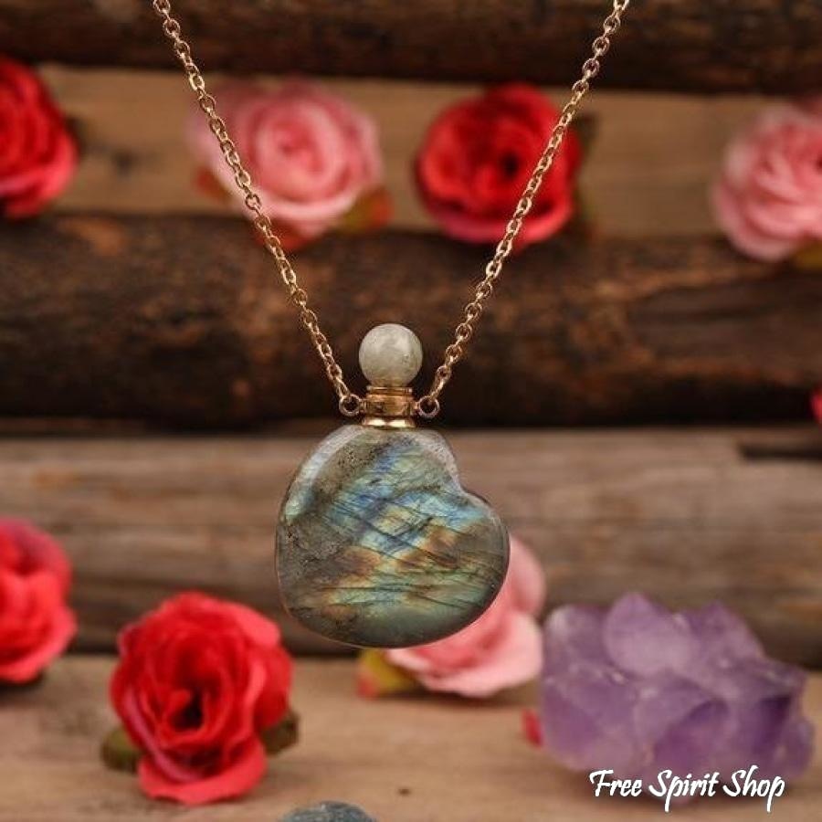 Natural Heart-Shaped Crystal Perfume Bottle Pendant Necklace - Free Spirit Shop