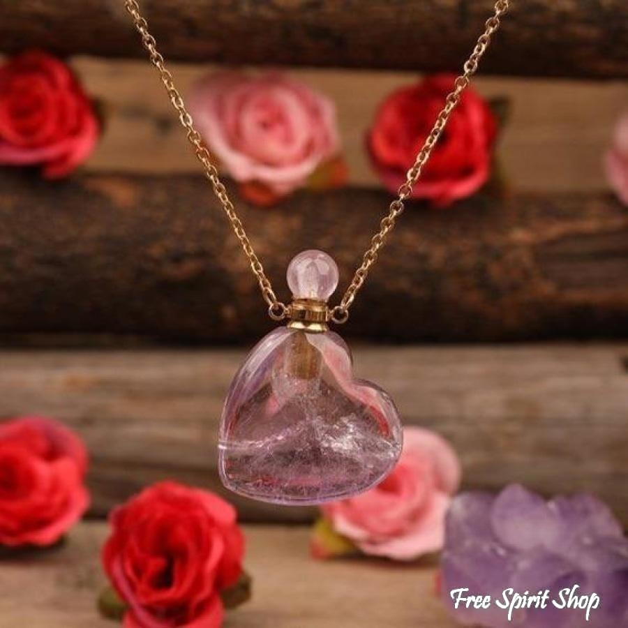 Natural Heart-Shaped Crystal Perfume Bottle Pendant Necklace - Free Spirit Shop