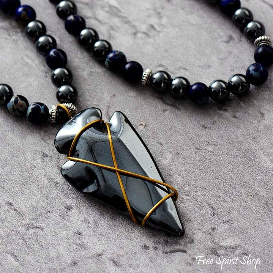 Natural Hematite & Blue Jasper Beaded Necklace With Arrowhead Pendant - Free Spirit Shop