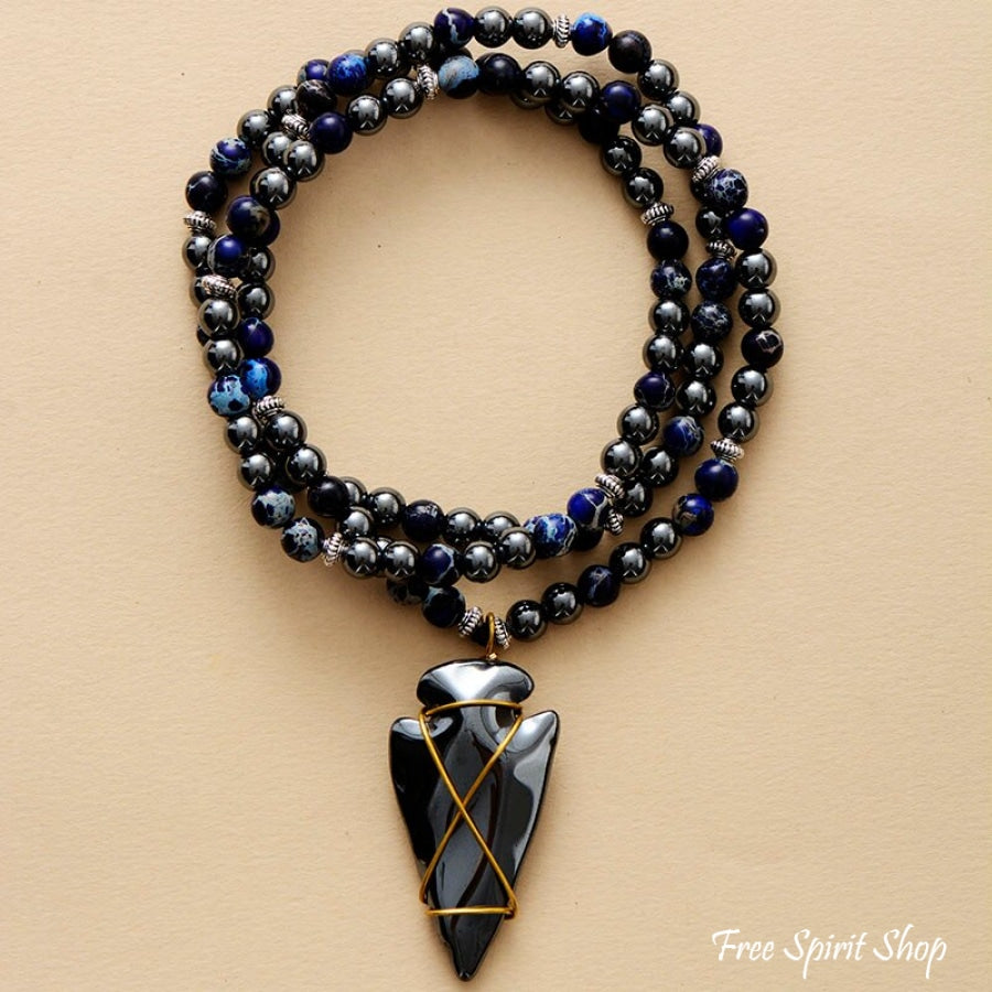 Natural Hematite & Blue Jasper Beaded Necklace With Arrowhead Pendant - Free Spirit Shop