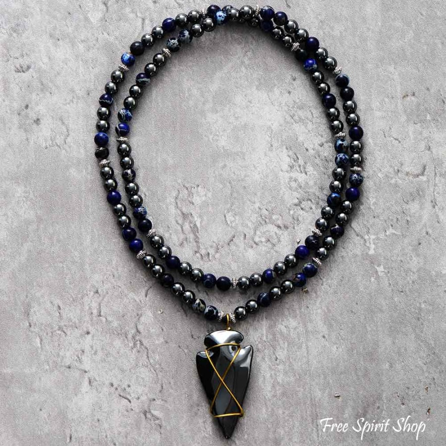 Natural Hematite & Blue Jasper Beaded Necklace With Arrowhead Pendant - Free Spirit Shop