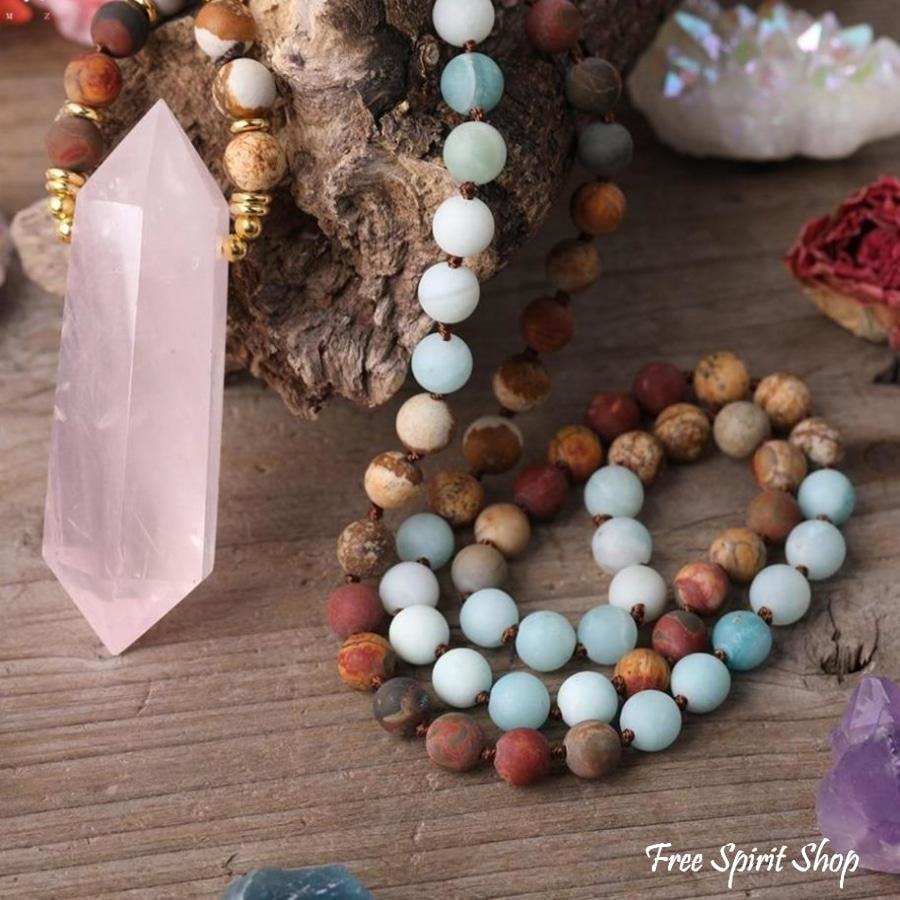 Natural Jasper Amazonite & Rose Quartz Wand-point Beaded Necklace - Free Spirit Shop