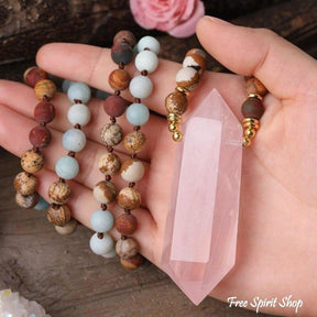 Natural Jasper Amazonite & Rose Quartz Wand-point Beaded Necklace - Free Spirit Shop