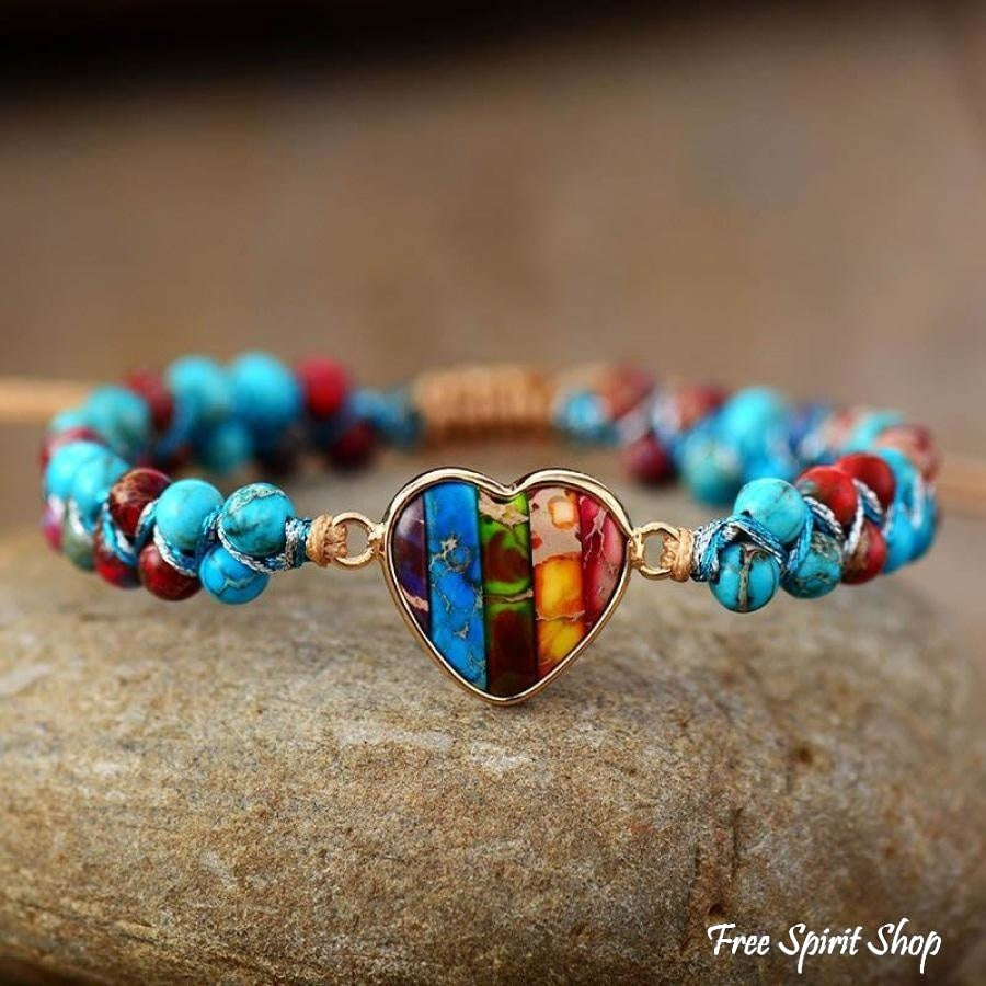 Natural Jasper Rainbow Heart Bead Bracelet - Free Spirit Shop