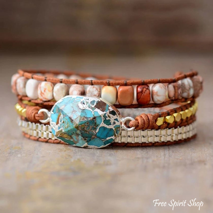 Natural Jasper & Turquoise Howlite Wrap Bracelet - Free Spirit Shop