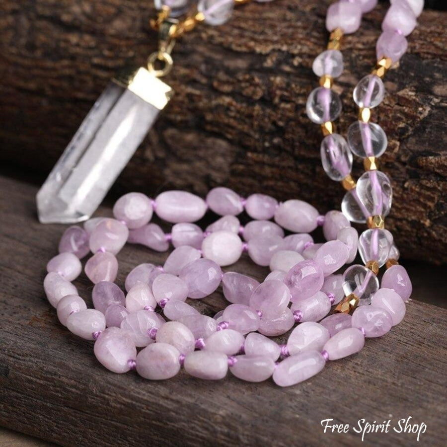 Natural Kunzite Crystal & Clear Quartz Beaded Necklace - Free Spirit Shop