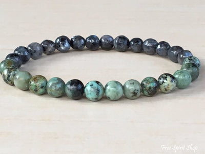 Natural Labradorite & African Turquoise Gemstone Bead Mala Bracelet