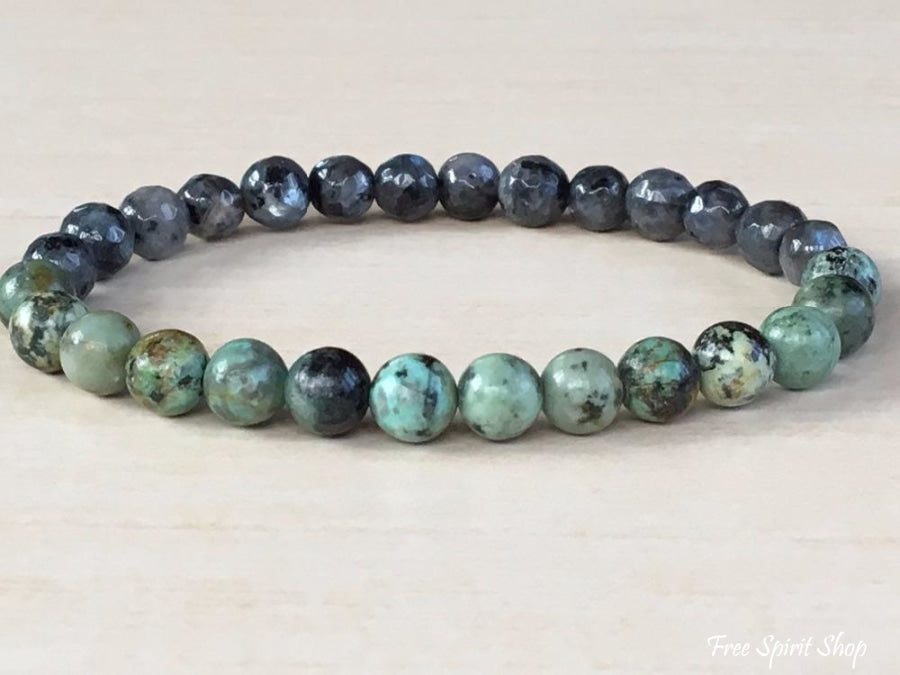 Natural Labradorite & African Turquoise Gemstone Bead Mala Bracelet - Free Spirit Shop