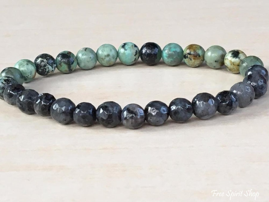 Natural Labradorite & African Turquoise Gemstone Bead Mala Bracelet - Free Spirit Shop