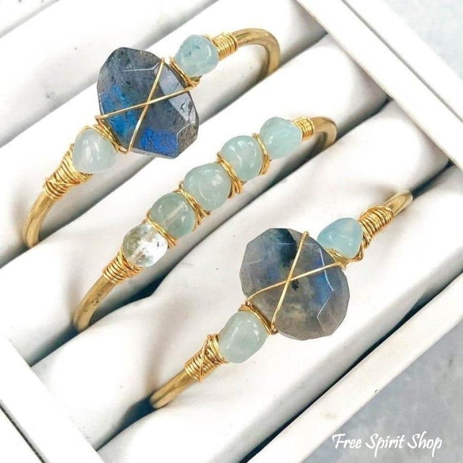 Natural Labradorite & Aquamarine Gold Cuff - Free Spirit Shop