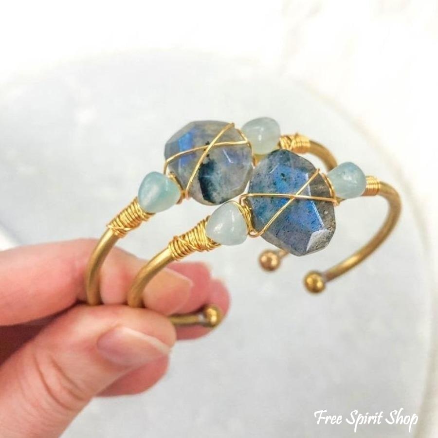 Natural Labradorite & Aquamarine Gold Cuff - Free Spirit Shop