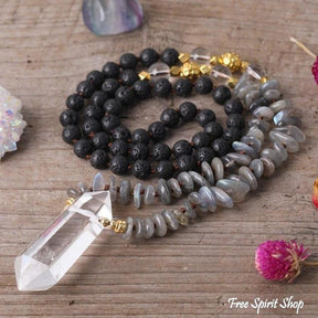 Natural Labradorite Black Lava Stones & Quartz Crystal Necklace - Free Spirit Shop