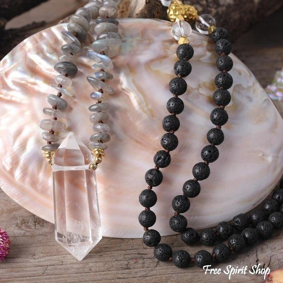 Natural Labradorite Black Lava Stones & Quartz Crystal Necklace - Free Spirit Shop