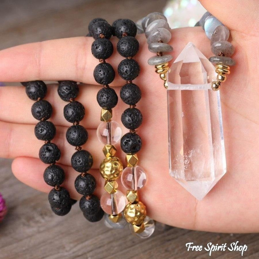 Natural Labradorite Black Lava Stones & Quartz Crystal Necklace - Free Spirit Shop