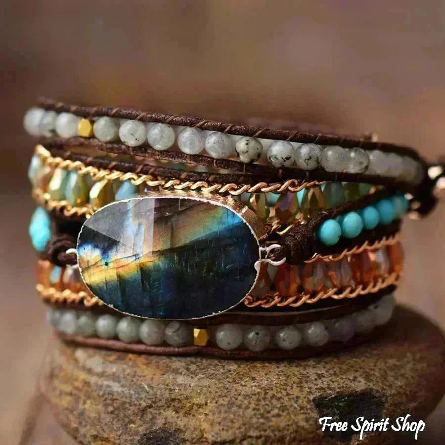 Natural Labradorite & Gold Chain Bead Wrap Bracelet - Free Spirit Shop