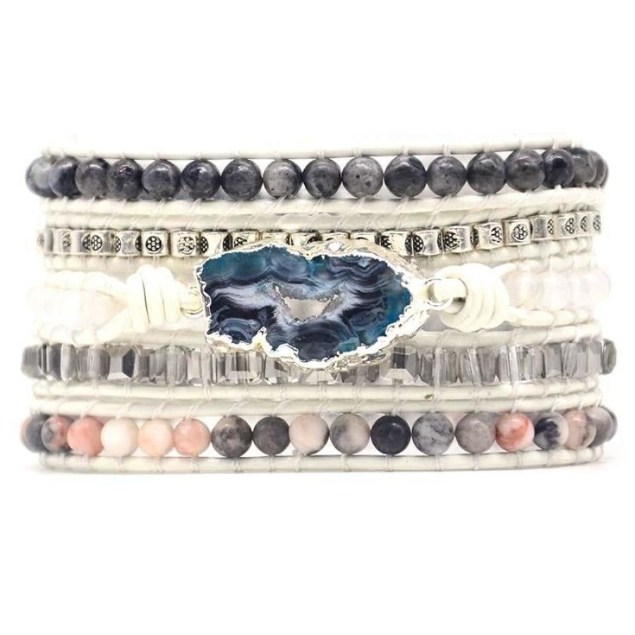 Natural Labradorite, White Jade & Druzy Stone Leather Wrap Bracelet - Free Spirit Shop