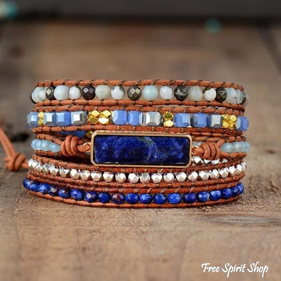 Natural Lapis Lazuli Amazonite & Pyrite Wrap Bracelet - Free Spirit Shop