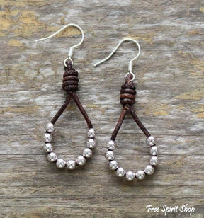 Natural Leather & Copper Bead Bohemian Earrings - Silver or Gold - Free Spirit Shop