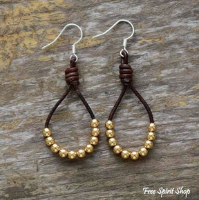 Natural Leather & Copper Bead Bohemian Earrings - Silver or Gold - Free Spirit Shop