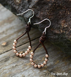 Natural Leather & Copper Bead Bohemian Earrings - Silver or Gold - Free Spirit Shop