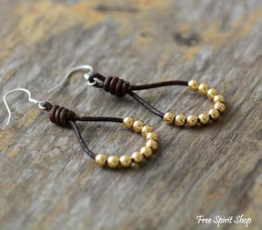 Natural Leather & Copper Bead Bohemian Earrings - Silver or Gold - Free Spirit Shop