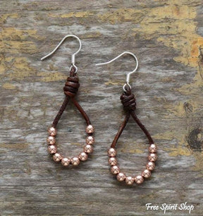 Natural Leather & Copper Bead Bohemian Earrings - Silver or Gold - Free Spirit Shop