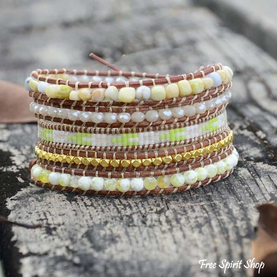 Natural Lime Miyuki Beads, Agate & Jasper Stone Leather Wrap Bracelet - Free Spirit Shop