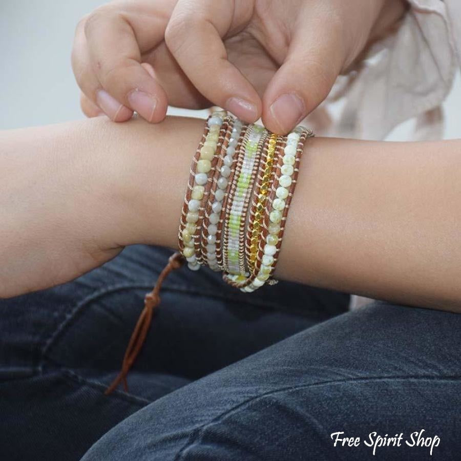 Natural Lime Miyuki Beads, Agate & Jasper Stone Leather Wrap Bracelet - Free Spirit Shop